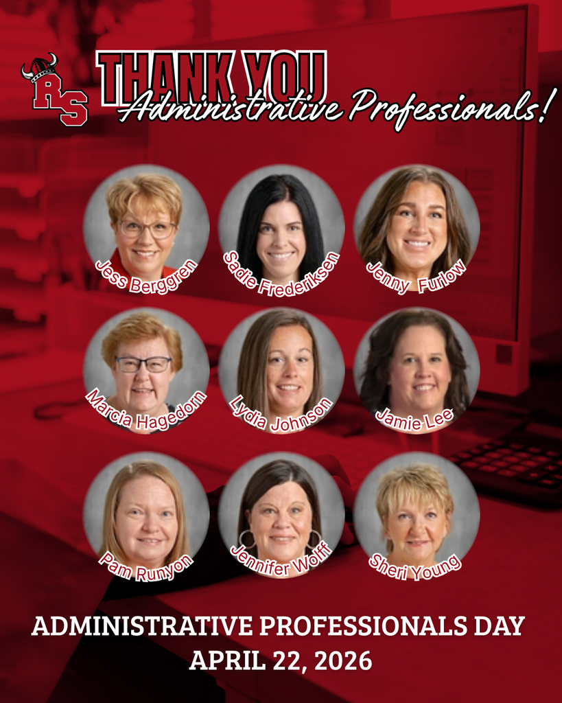 Administrative Professionals Day thank-you post featuring nine staff headshots with names on a red background, dated April 22, 2026.