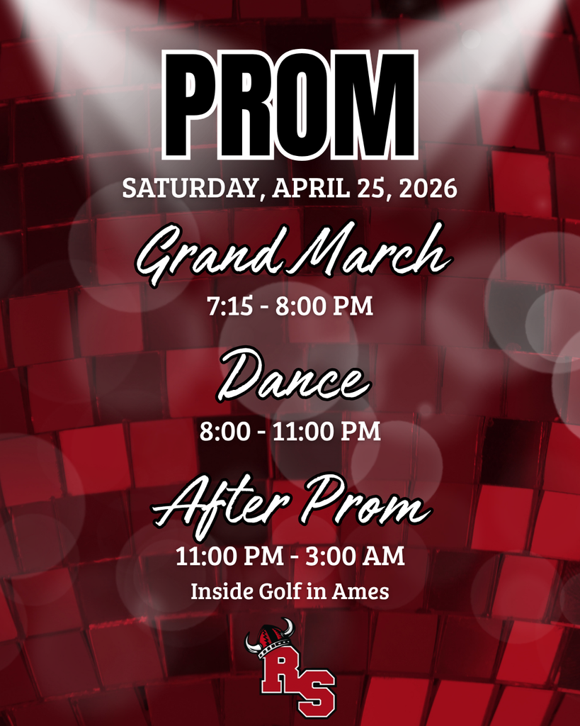 Prom event details: April 25, 2026, with grand march 7:15–8:00 PM, dance 8:00–11:00 PM, and after prom until 3:00 AM at Inside Golf in Ames.