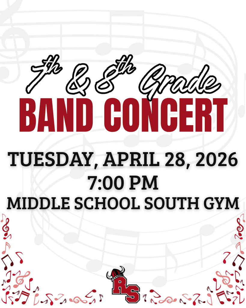 7th and 8th grade band concert poster with date, time, and location details on a music-themed background.