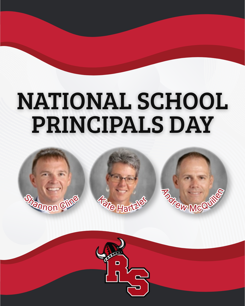 National School Principals Day featuring three staff headshots with names on a red, white, and black school-themed design.