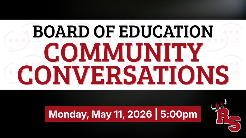 A banner with a black and white background displays "Board of Education Community Conversations" in red text. Date and time are "Monday, May 11, 2026 | 5:00pm".