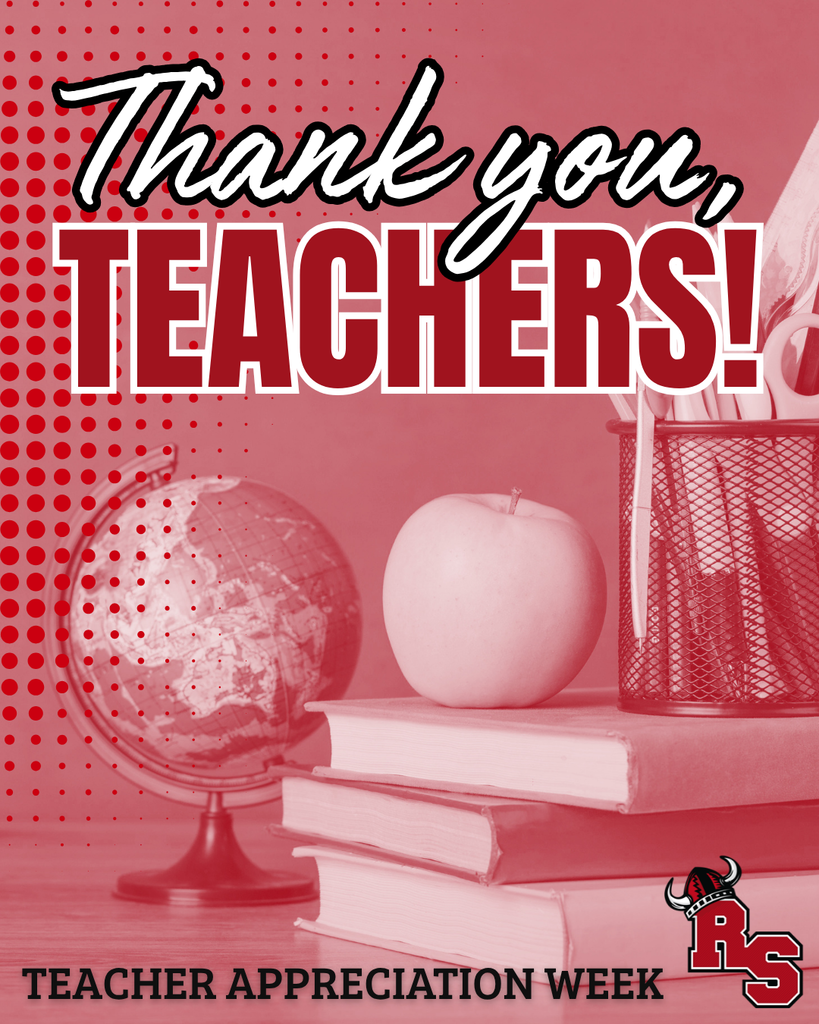 “Thank you, teachers!” message over a red background with books, an apple, a globe, and a pencil holder; notes Teacher Appreciation Week.