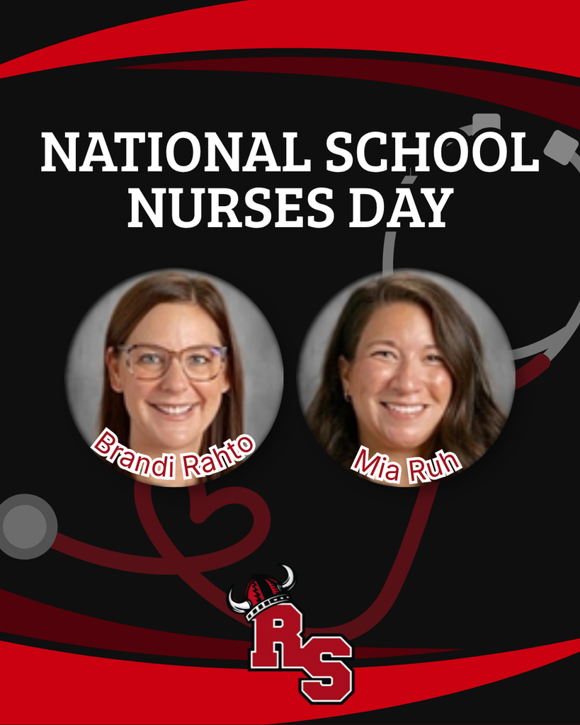 National School Nurses Day with headshots of Brandi Rahto and Mia Ruh on a black and red background with stethoscope graphic and RS logo.
