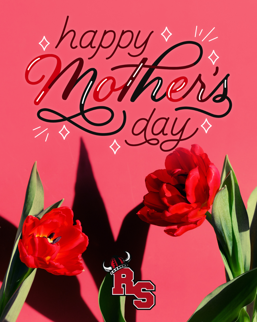 Happy Mother’s Day text over pink background with red tulips, green leaves, decorative sparkles, and RS logo at bottom.