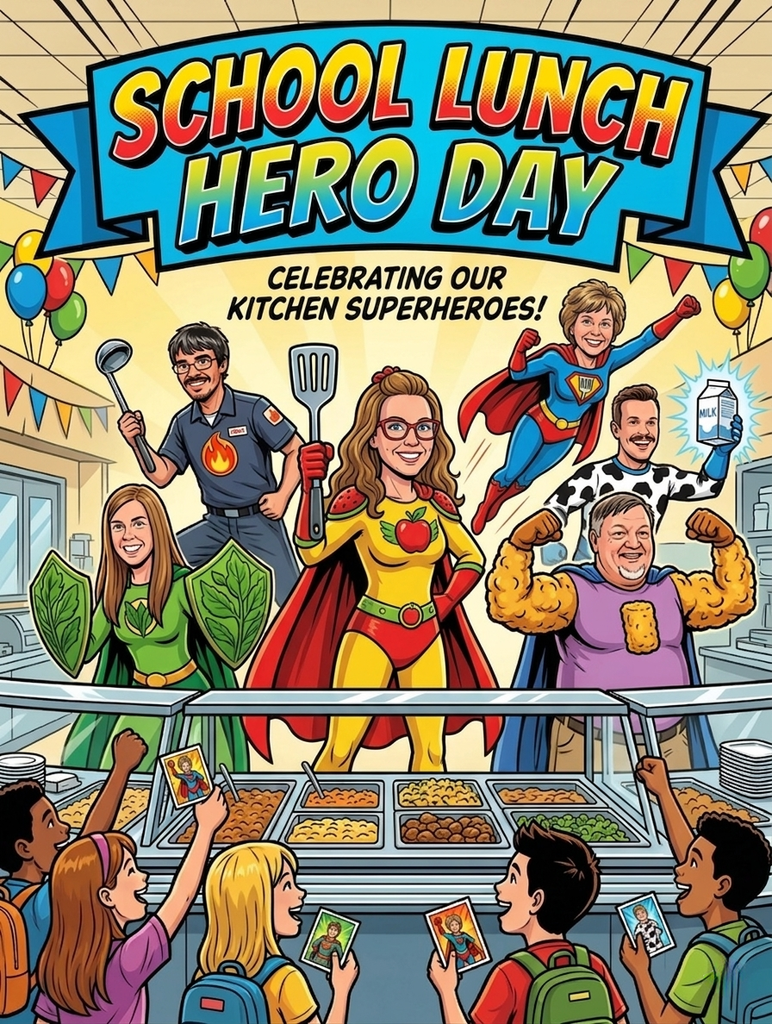 Illustration of a cafeteria scene with people dressed as superheroes, including a woman in a cape, a man holding a spatula, and children holding tablets.
