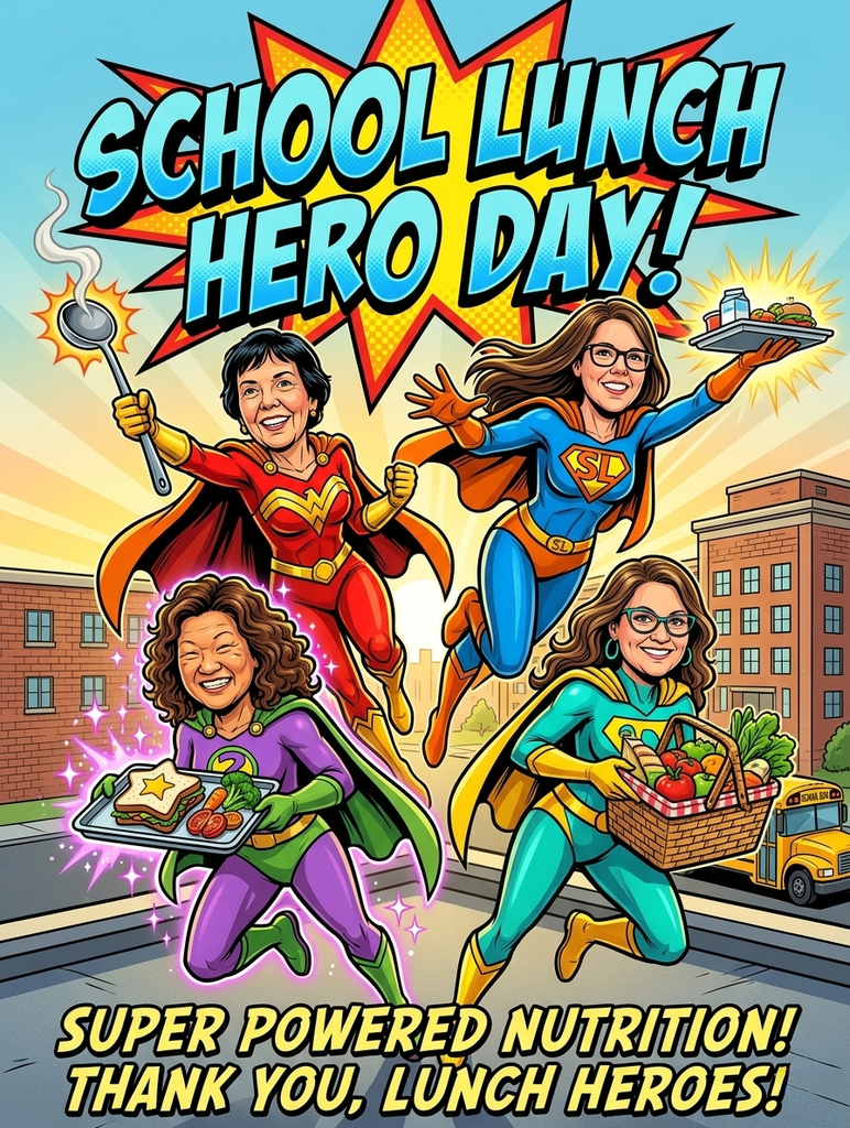 Cartoon depicting four lunch ladies as superheroes. They are flying, holding food, and smiling. Buildings and a school bus in the background.