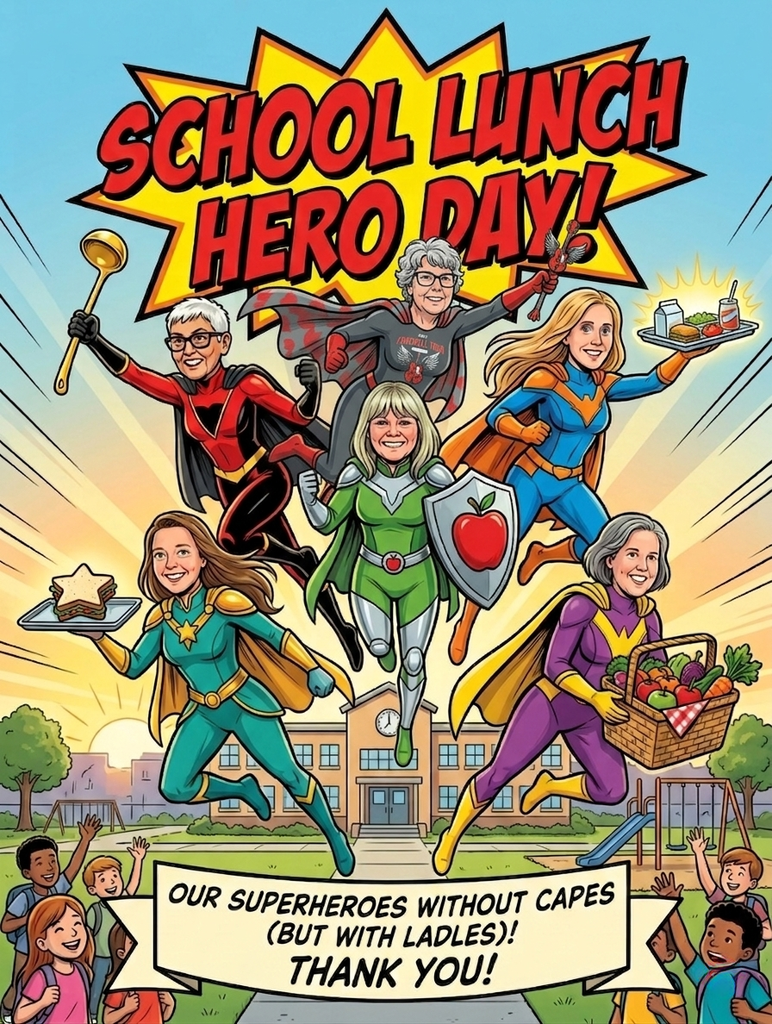 Comic book cover shows people dressed as superheroes. Background includes school building and children.