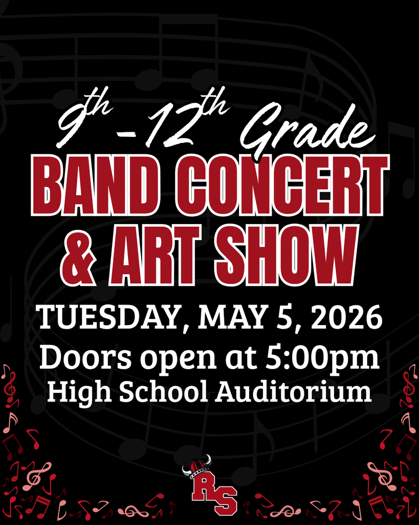 Black poster with red text and musical notes. Event title: "9th-12th Grade Band Concert & Art Show." Date: Tuesday, May 5, 2026. Doors open at 5:00pm. Location: High School Auditorium.