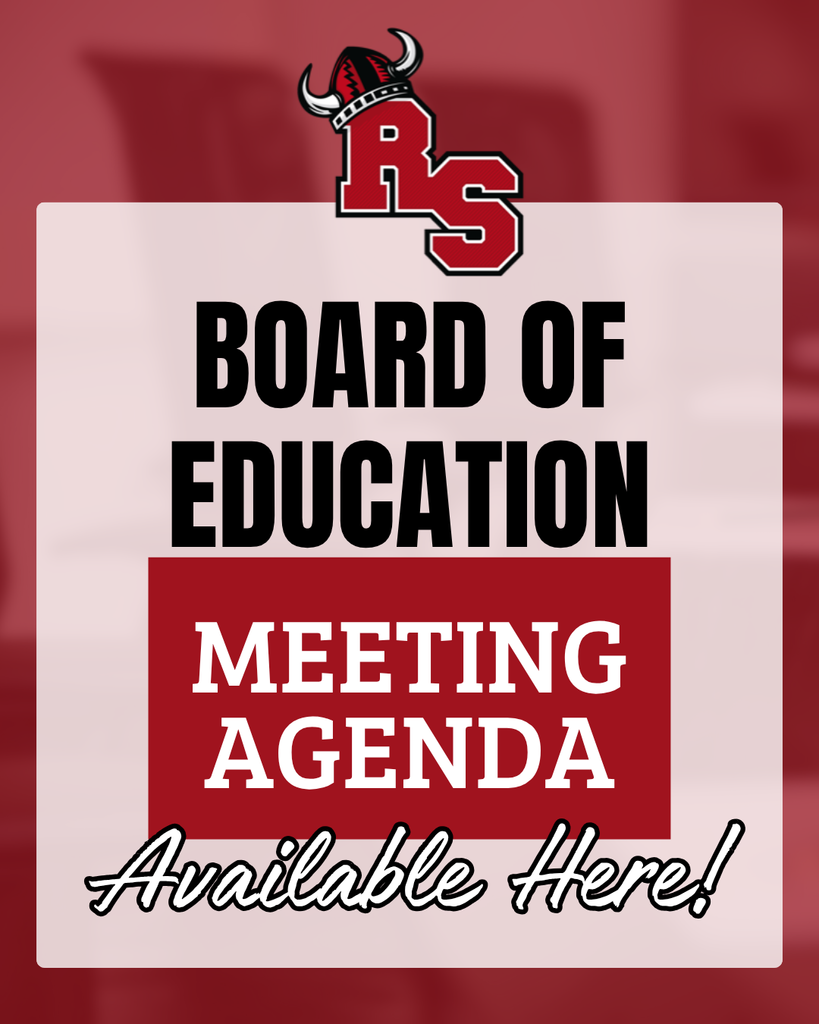 Board of Education meeting agenda announcement with the RS school logo on a red background.
