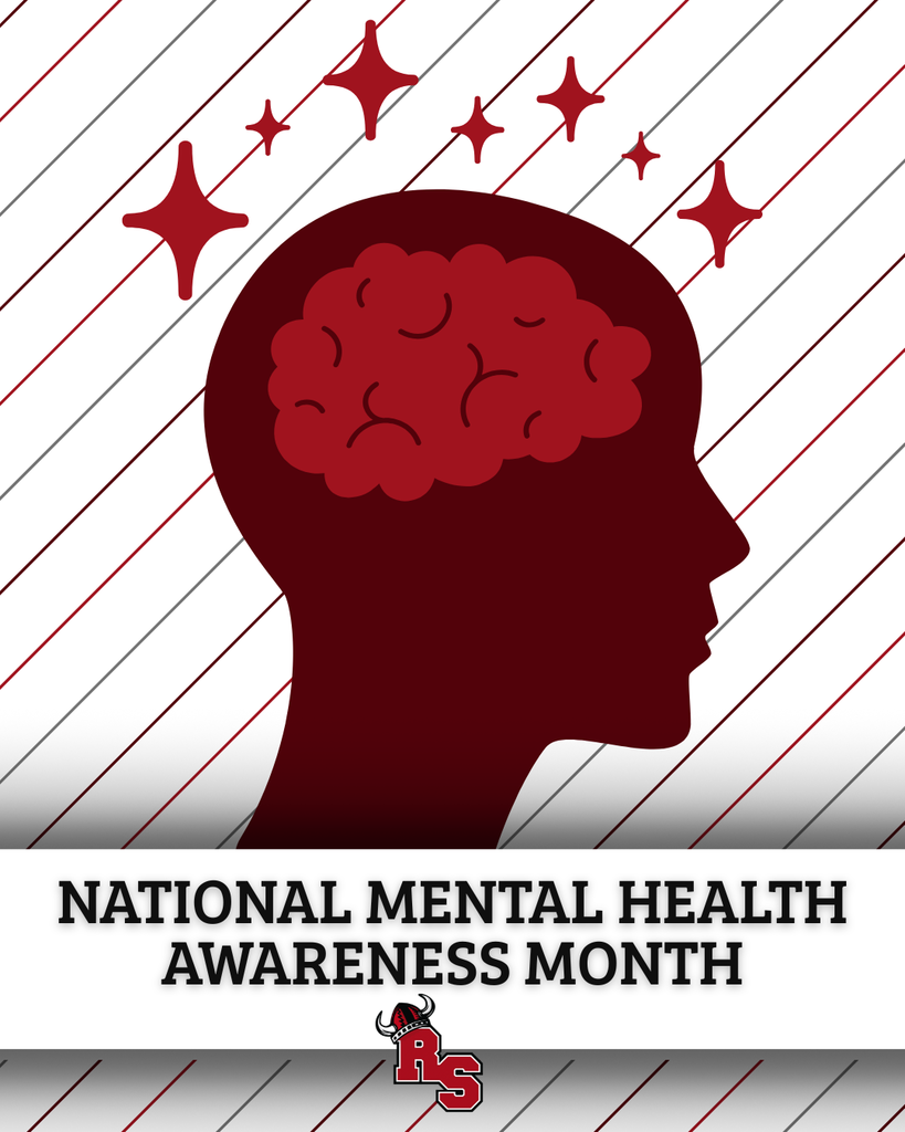 National Mental Health Awareness Month announcement with a silhouette profile, illustrated brain, and RS school logo.