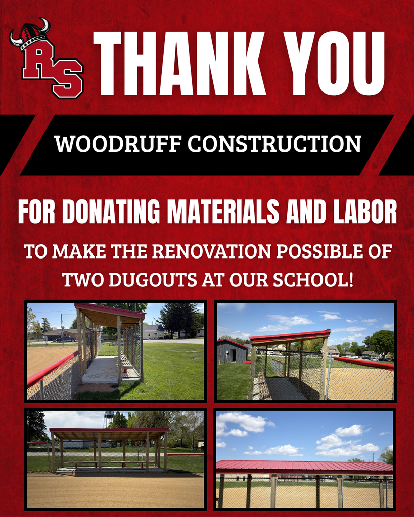 Red poster with text "Thank You Woodruff Construction for donating materials and labor to renovate two dugouts". Four photos below.