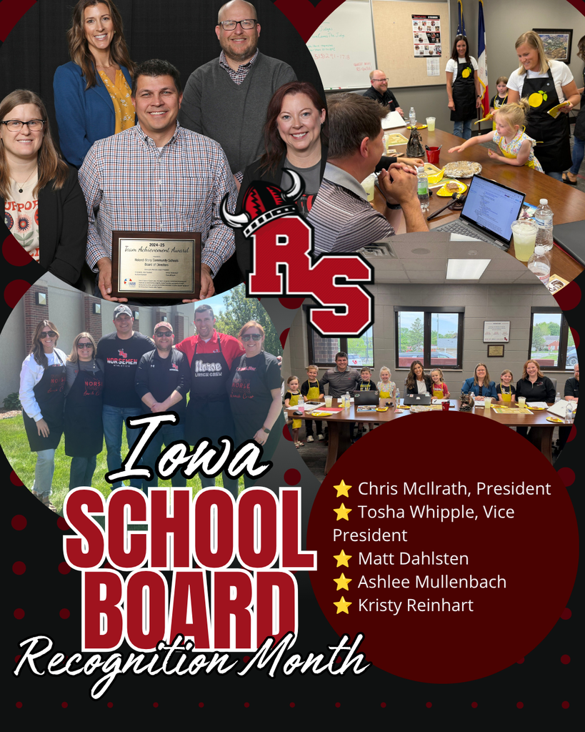 Collage celebrating Iowa School Board Recognition Month with board members, community events, and names of district leadership staff.