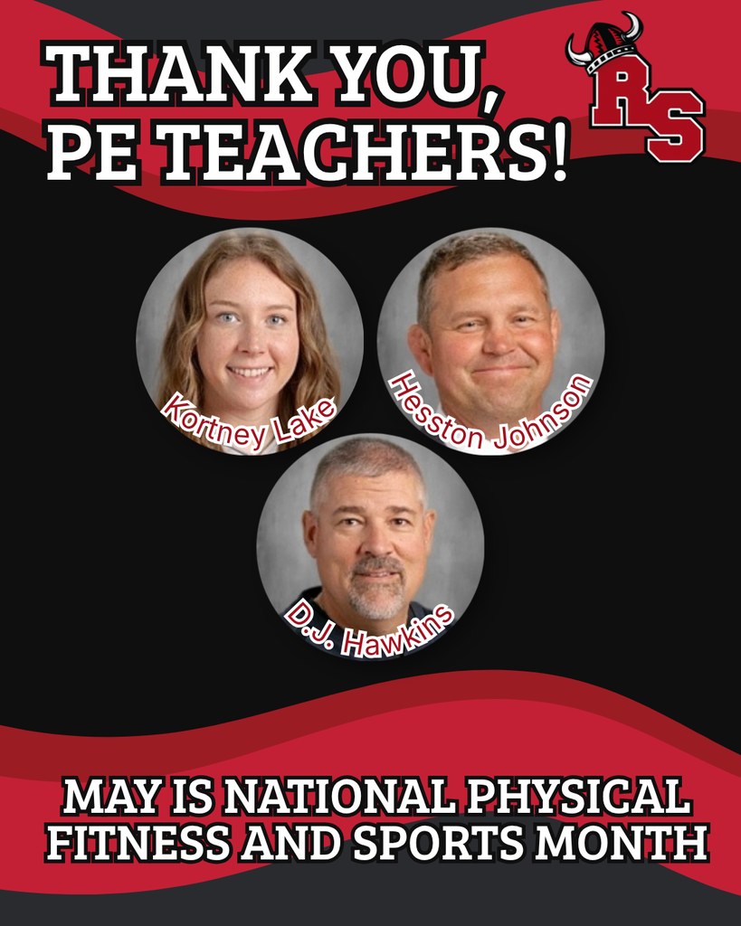Black and red appreciation design thanking PE teachers Kortney Lake, Hesston Johnson, and D.J. Hawkins for National Physical Fitness and Sports Month.