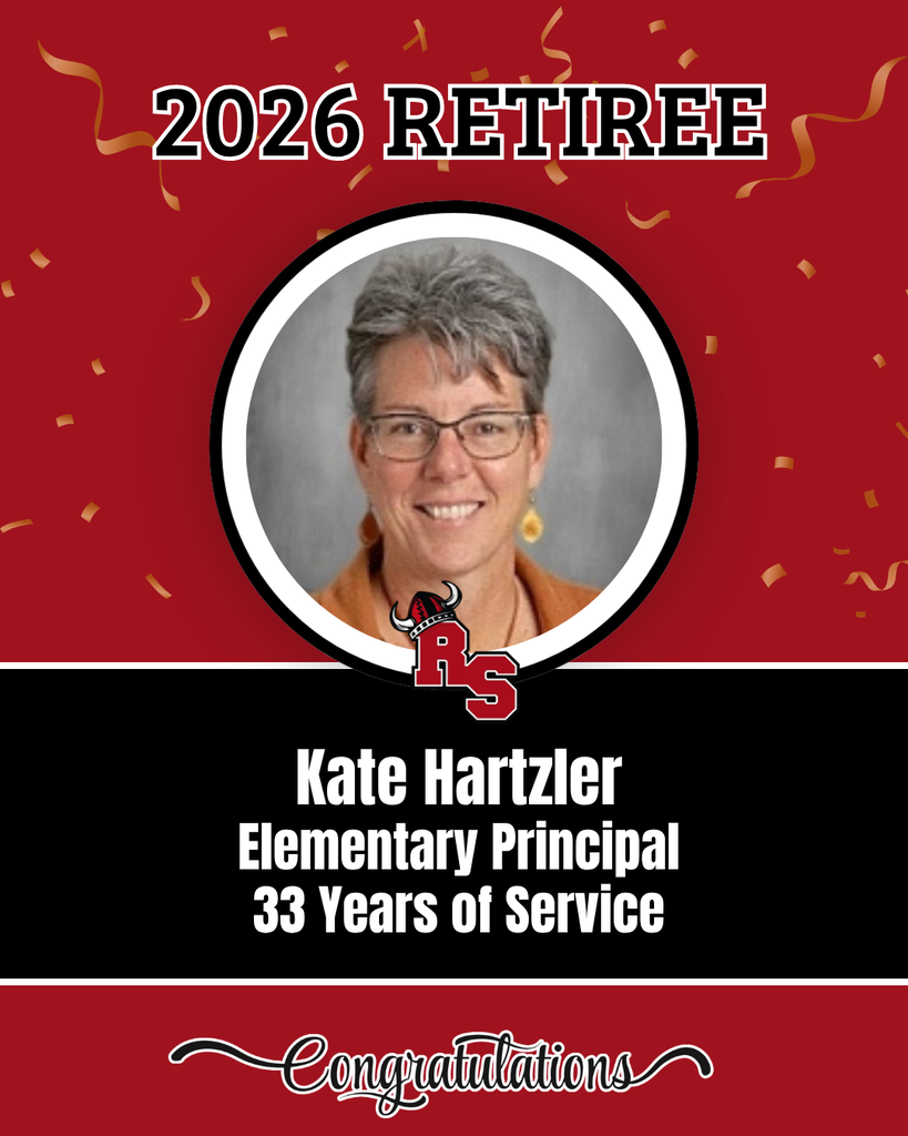 A red and black backdrop with a circular photo of a smiling woman, text "2026 Retiree," "Kate Hartzler, Elementary Principal," and "33 Years of Service."