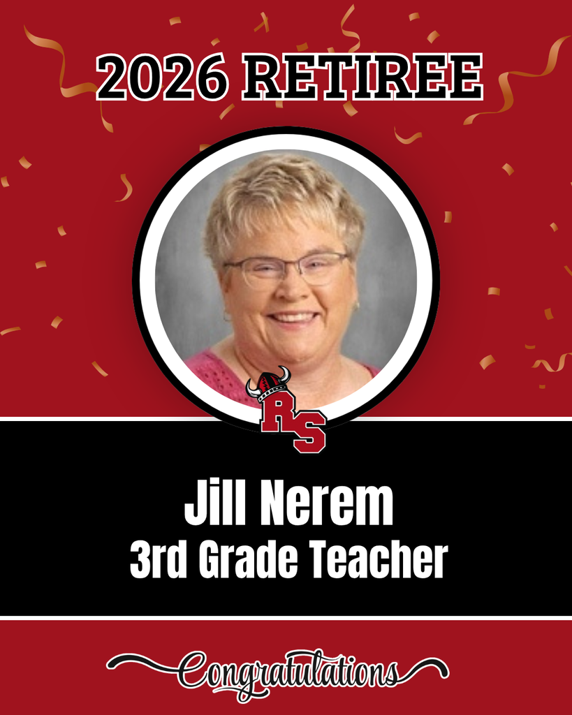 A red and black card congratulates a retiring teacher, Jill Nerem, with a photo of her smiling.
