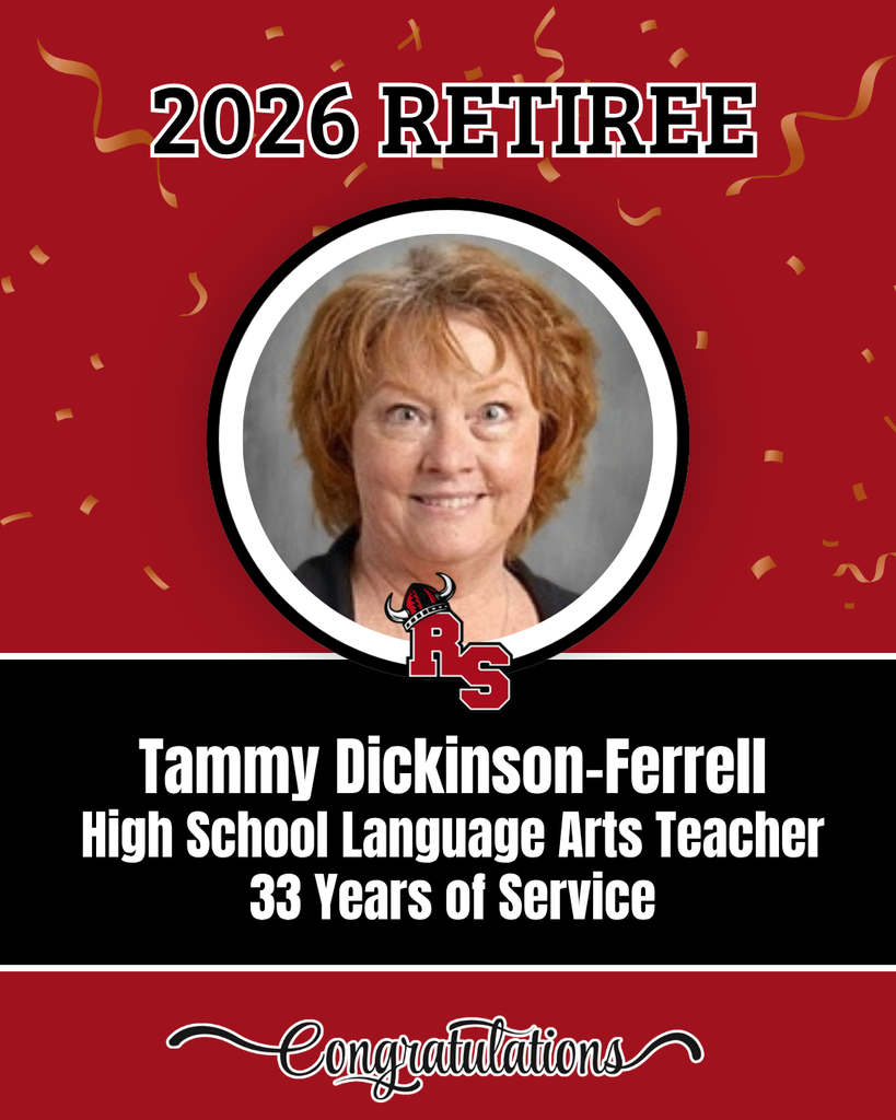 A red and black poster celebrating a teacher's retirement with a photo, name, and years of service.