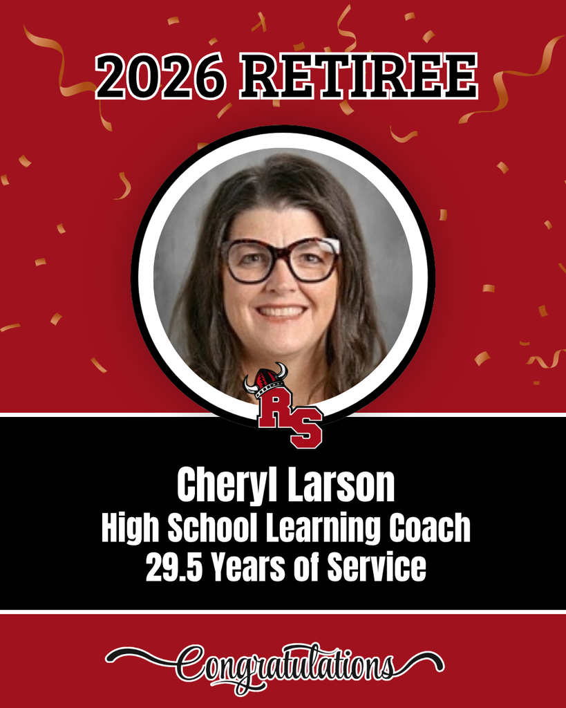 Red poster with white circular photo of woman wearing glasses, text reads "2026 Retiree Cheryl Larson High School Learning Coach 29.5 Years of Service"