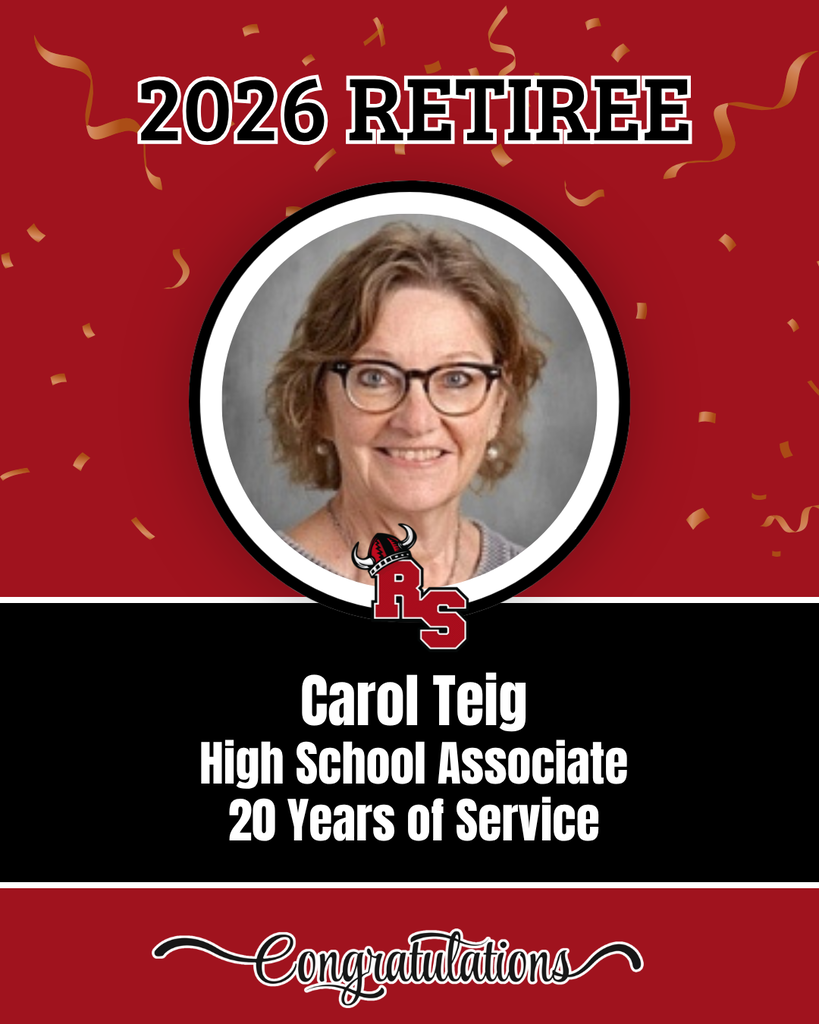 A celebratory card shows a photo of a woman with short hair and glasses. It reads "Carol Teig, High School Associate, 20 Years of Service."