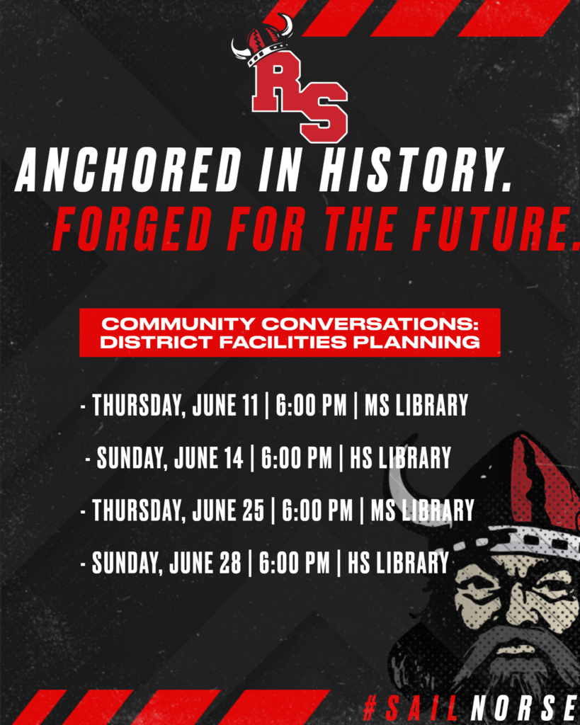 Black and red background with text "Anchored in history. Forged for the future." and "Community conversations: district facilities planning".