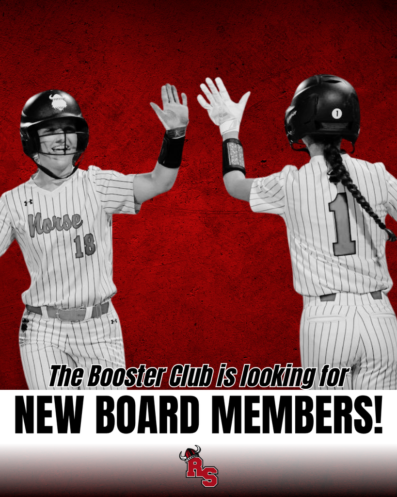 Two softball players in striped uniforms high-five against a red background beside text announcing that the Booster Club is seeking new board members.