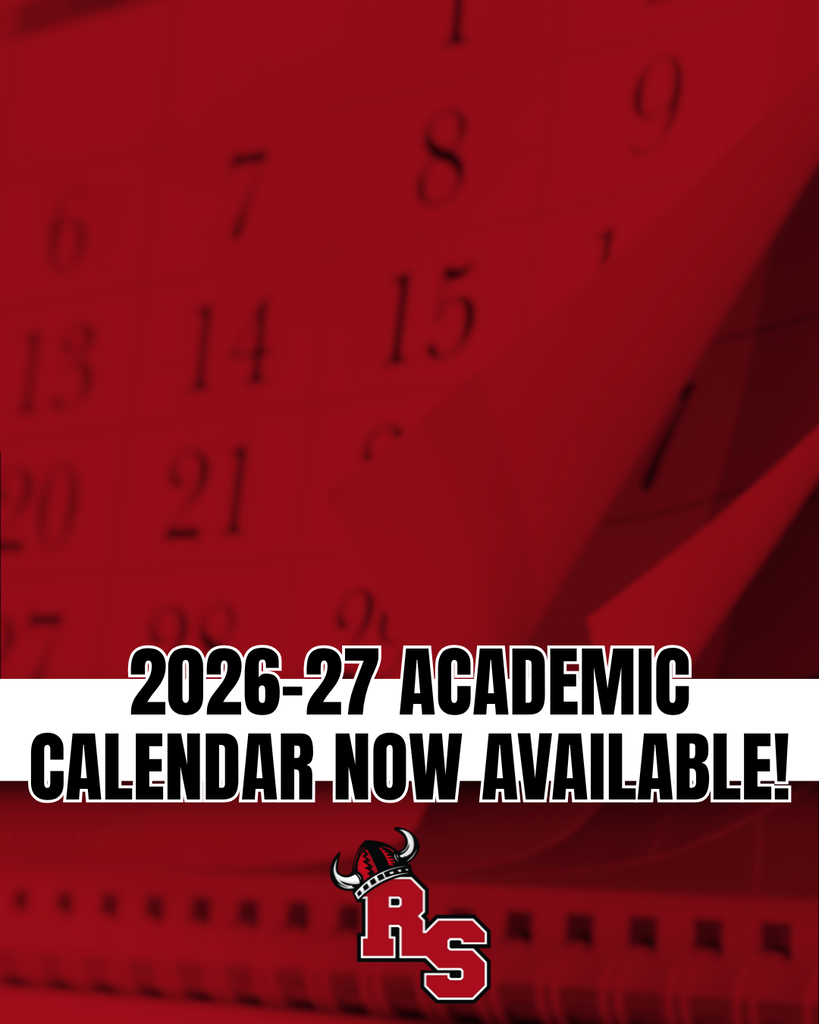Announcement reading “2026–27 Academic Calendar Now Available!” in bold black text over a red calendar-themed background, with the RS school logo below.