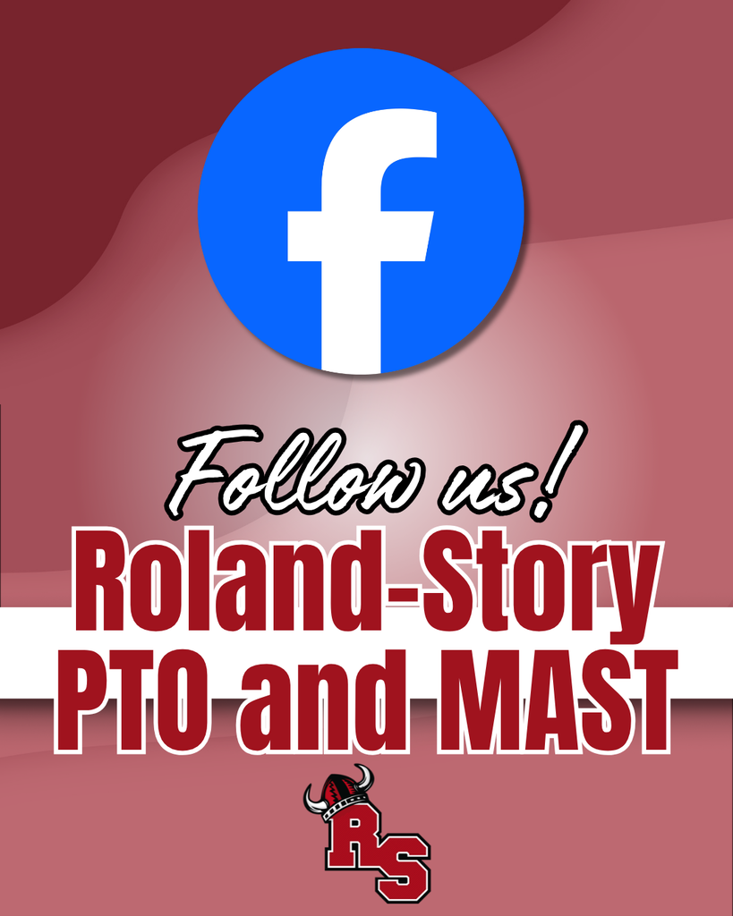 Red Roland-Story PTO and MAST social media post encouraging followers to connect on Facebook, featuring the Facebook logo and RS mascot.
