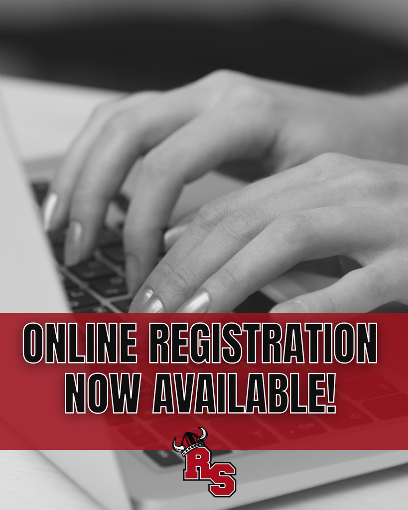 Black-and-white photo of hands typing on a laptop keyboard with text reading, “Online Registration Now Available!” and the school logo below.