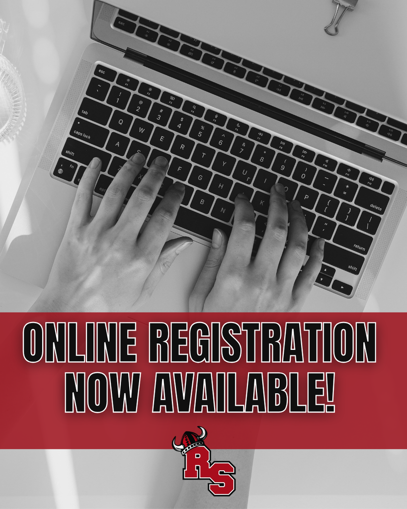 Online registration now available announcement featuring hands typing on a laptop keyboard with the school logo displayed below the headline.