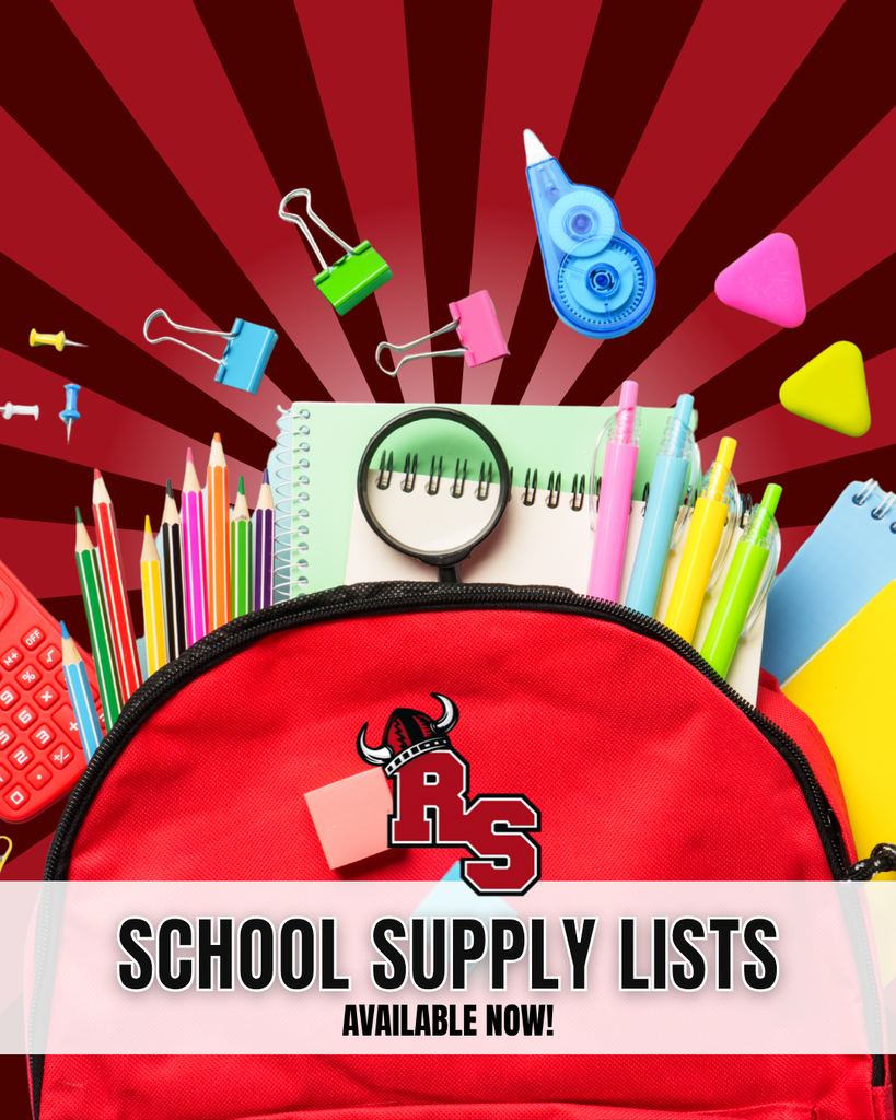School supply lists available now announcement featuring a backpack filled with notebooks, pencils, pens, and classroom supplies with the school logo.