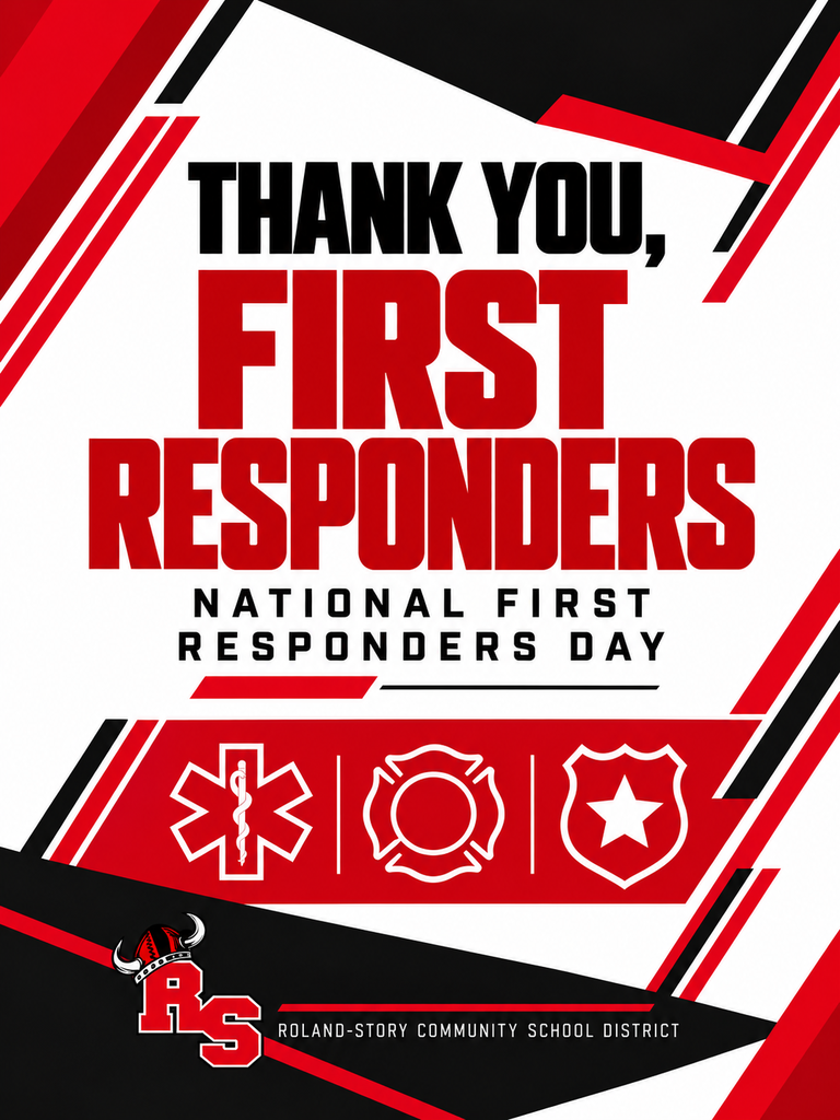 White background with red, black, and white text. "Thank You, First Responders" in red text. Symbols: star, cross, and fire.
