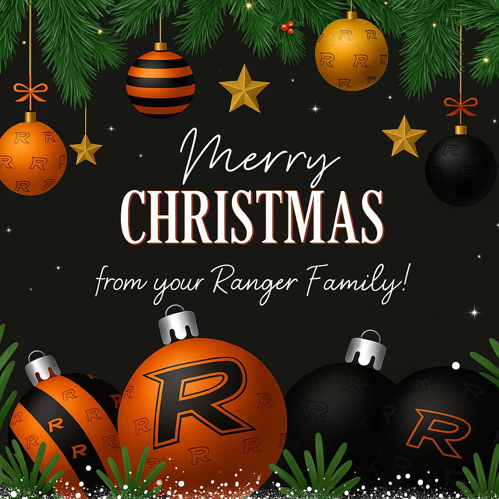 Festive Christmas graphic for Roland Public Schools featuring pine greenery, gold stars, and orange and black ornaments decorated with the Roland Rangers “R” logo. Elegant text in the center reads “Merry Christmas from your Ranger Family!” The design uses Roland’s school colors of orange, black, and white with warm golden accents, creating a joyful holiday feel that reflects school pride and community spirit.