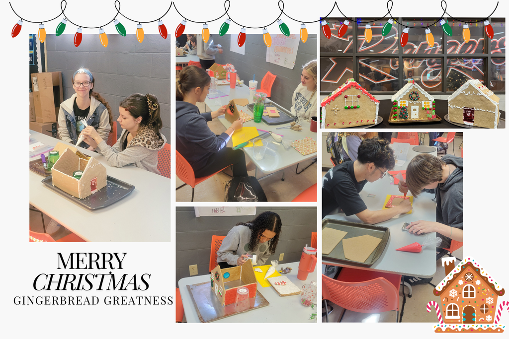 A collage featuring Roland High School Culinary students creating gingerbread houses. Several students are shown assembling and decorating their houses using frosting and candy. Finished gingerbread houses are displayed with colorful icing and holiday details. The collage includes festive Christmas lights along the top and a small gingerbread house illustration in the corner with the text “Merry Christmas – Gingerbread Greatness.”