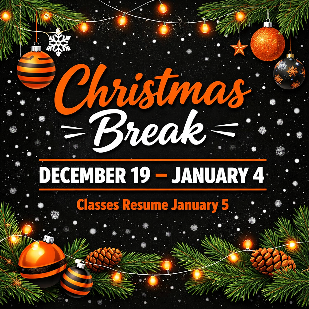 Festive Christmas Break graphic with evergreen garland, pinecones, and glowing string lights in orange and white. Ornaments hang at the top and bottom. Text reads “Christmas Break” with dates “December 19 – January 4” and “Classes Resume January 5” on a dark snowy background.