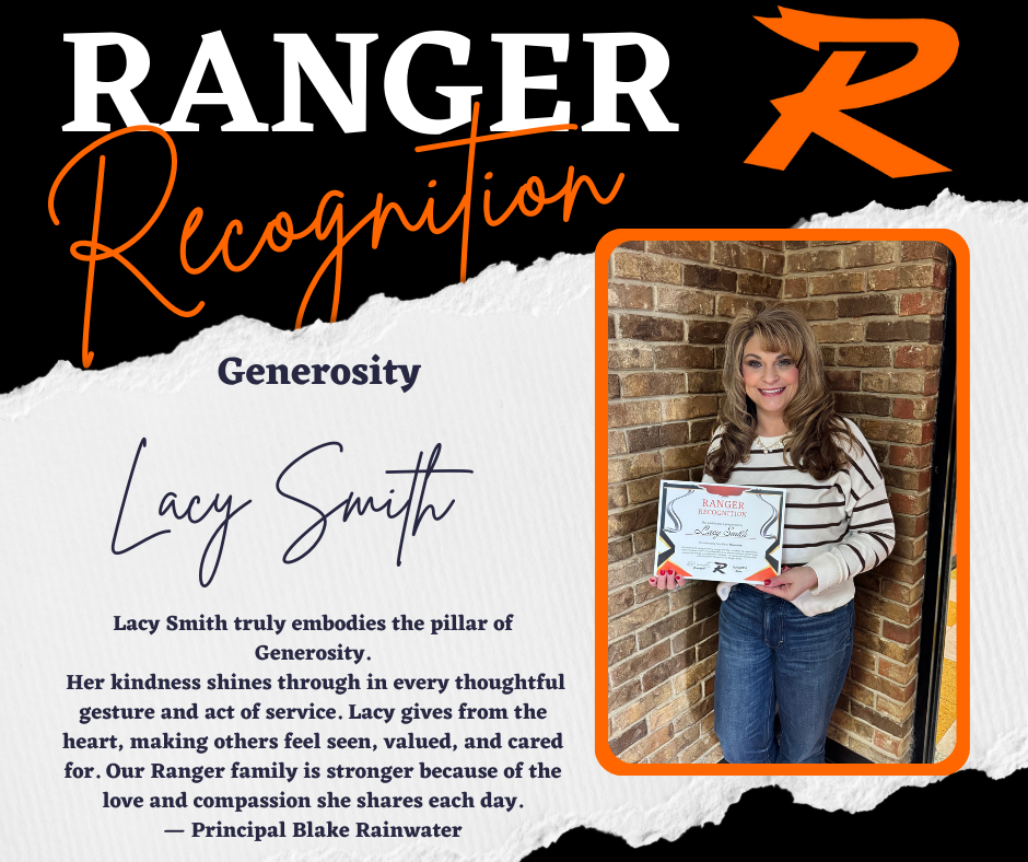 Two Ranger Recognition graphics featuring 2nd grader Kyla Smith and staff member Lacy Smith, both recognized for the pillar of Generosity with Roland orange and black design elements.
