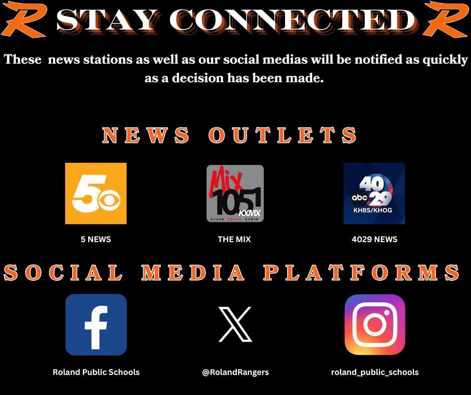 Graphic reminding families to stay connected with Roland Public Schools for inclement weather updates through automated calls, text alerts, and social media platforms.