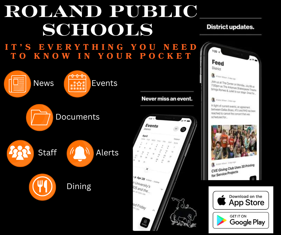 Graphic reminding families to stay connected with Roland Public Schools for inclement weather updates through automated calls, text alerts, and social media platforms.