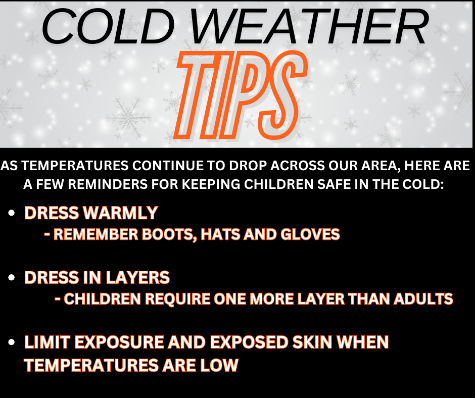 Graphic reminding families to stay connected with Roland Public Schools for inclement weather updates through automated calls, text alerts, and social media platforms.