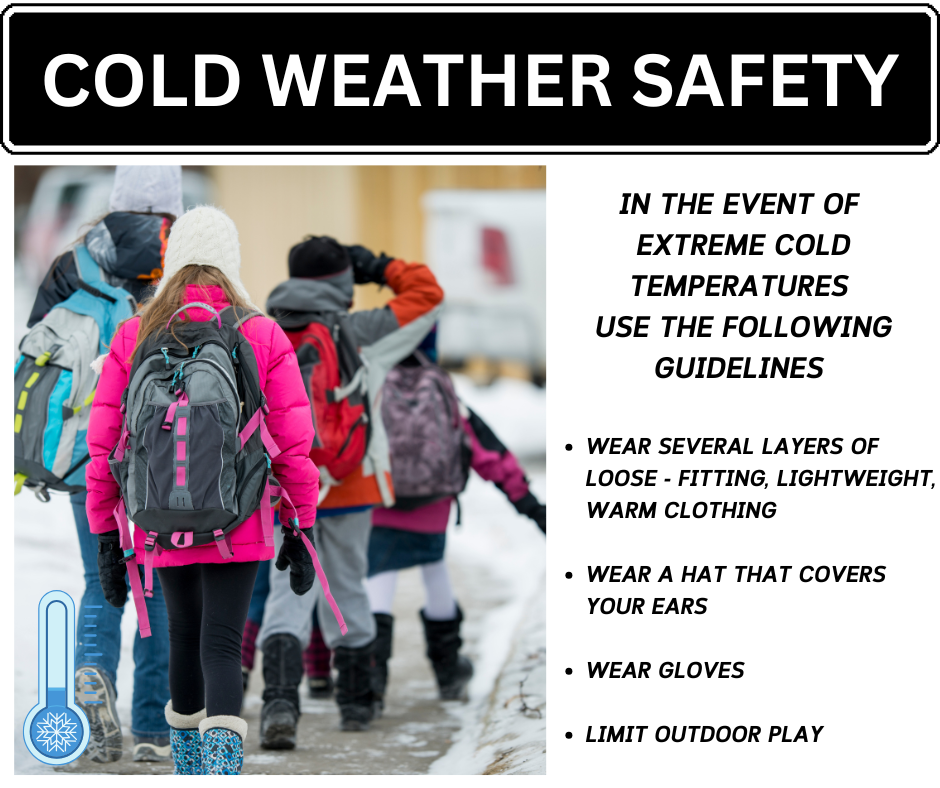 Graphic reminding families to stay connected with Roland Public Schools for inclement weather updates through automated calls, text alerts, and social media platforms.