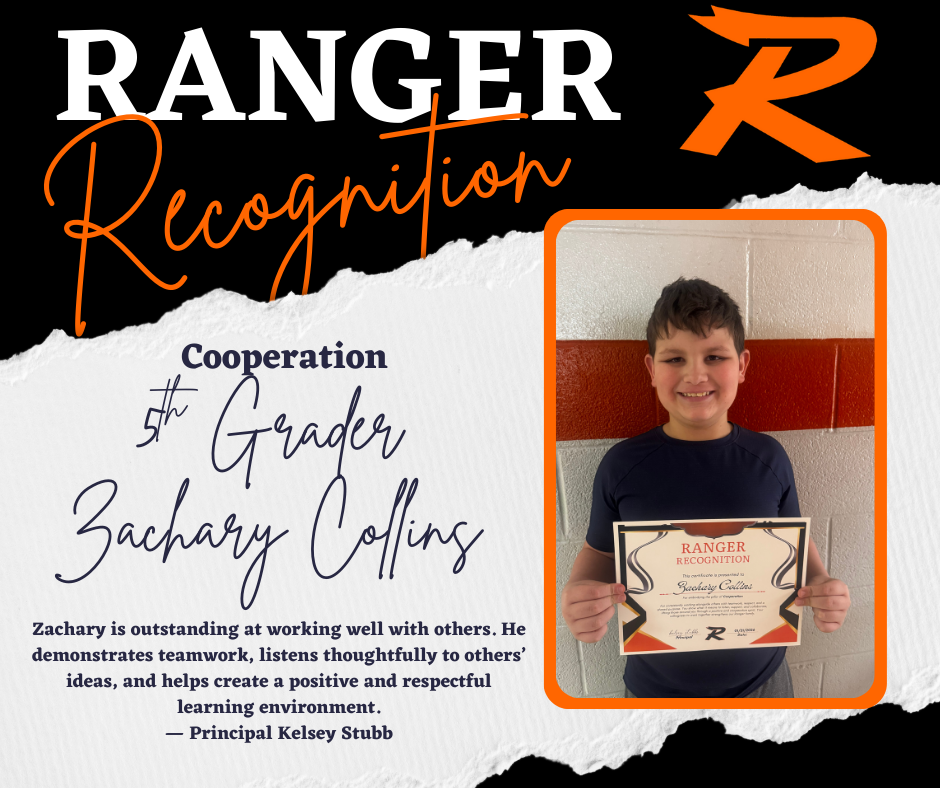 Ranger Recognition graphic for Cooperation featuring 5th grader Zachary Collins. The design includes black, white, and bright orange Roland colors with the Ranger logo. Zachary is smiling while holding his Ranger Recognition certificate against a school hallway wall. Text highlights his ability to work well with others, demonstrate teamwork, and contribute to a positive and respectful learning environment. Quote attributed to Principal Kelsey Stubbs.