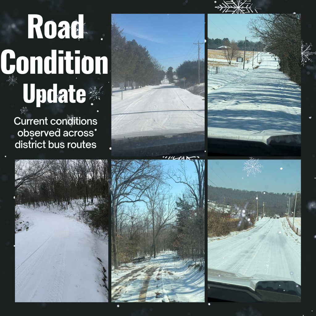 Photo collage showing snowy and icy rural road conditions along district bus routes, including snow-covered pavement, tire tracks, and winter landscapes.
