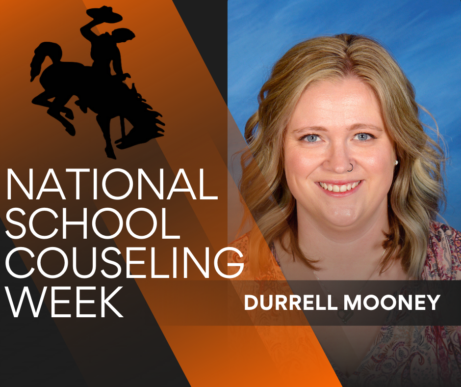 Portrait of a Roland Public Schools counselor with orange, black, and white district branding and the text “National School Counseling Week.” Durrell Mooney 