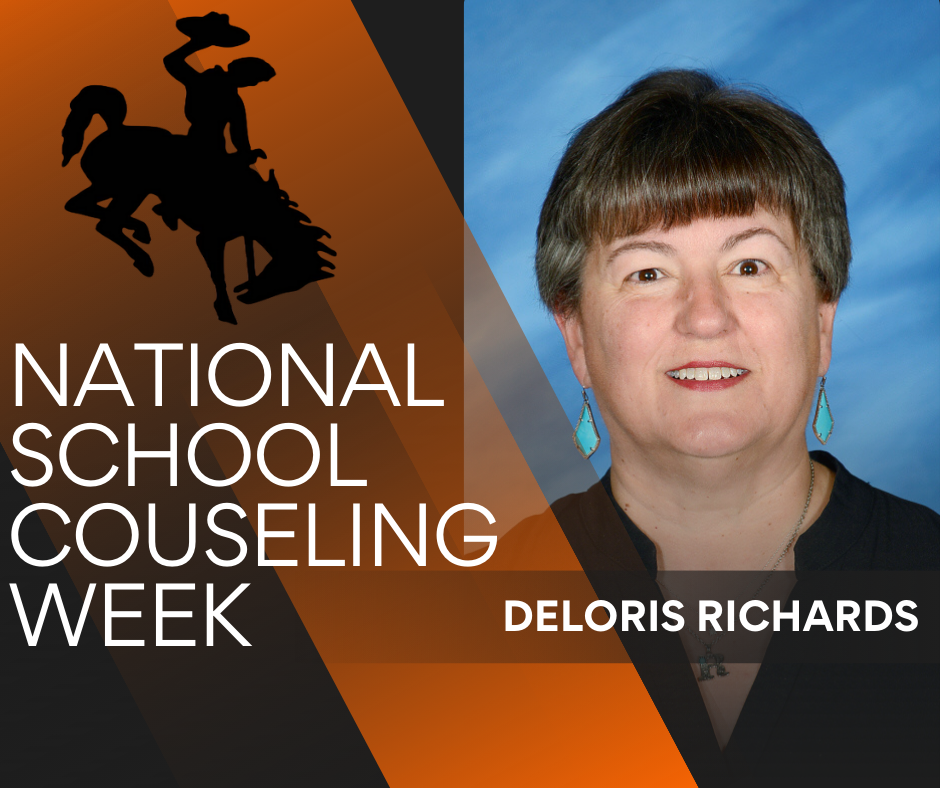 Portrait of a Roland Public Schools counselor with orange, black, and white district branding and the text “National School Counseling Week.” Deloris Richards