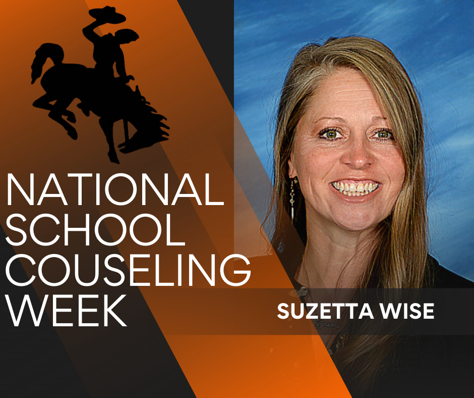 Portrait of a Roland Public Schools counselor with orange, black, and white district branding and the text “National School Counseling Week.” Suzetta Wise 