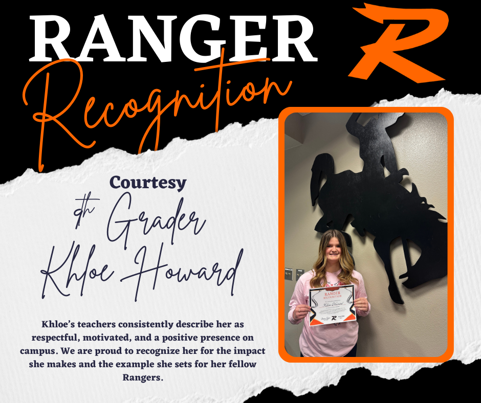 Graphic titled “Ranger Recognition” in Roland Bright Orange (#fc6603), black (#1e1e1e), and white (#ffffff). The post features Roland High School student Khløe Howard holding a recognition certificate and Coach Jonathan Harvey in a staff portrait. Both are being honored for courtesy and positive impact on campus.
