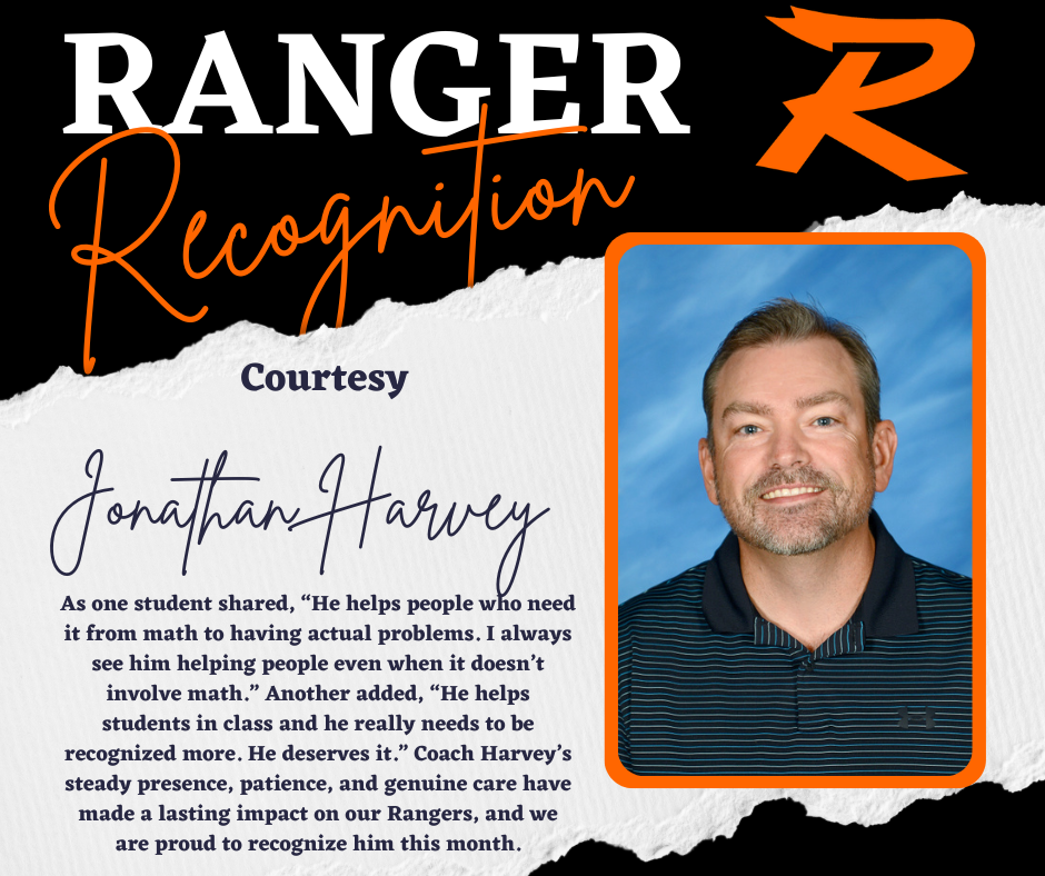 Graphic titled “Ranger Recognition” in Roland Bright Orange (#fc6603), black (#1e1e1e), and white (#ffffff). The post features Roland High School student Khløe Howard holding a recognition certificate and Coach Jonathan Harvey in a staff portrait. Both are being honored for courtesy and positive impact on campus.
