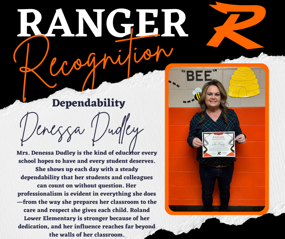 A Roland Ranger-themed graphic in black, orange, and white titled “Ranger Recognition.” The word “Dependability” appears above the name 2nd Grader Noah Click. The photo shows Noah standing in front of a colorful classroom bulletin board that says “Be Humble, Be Brave, Be Honest,” holding a Ranger Recognition certificate. The text explains he is being recognized for exceptional dependability through perfect attendance and his commitment to showing up every day.