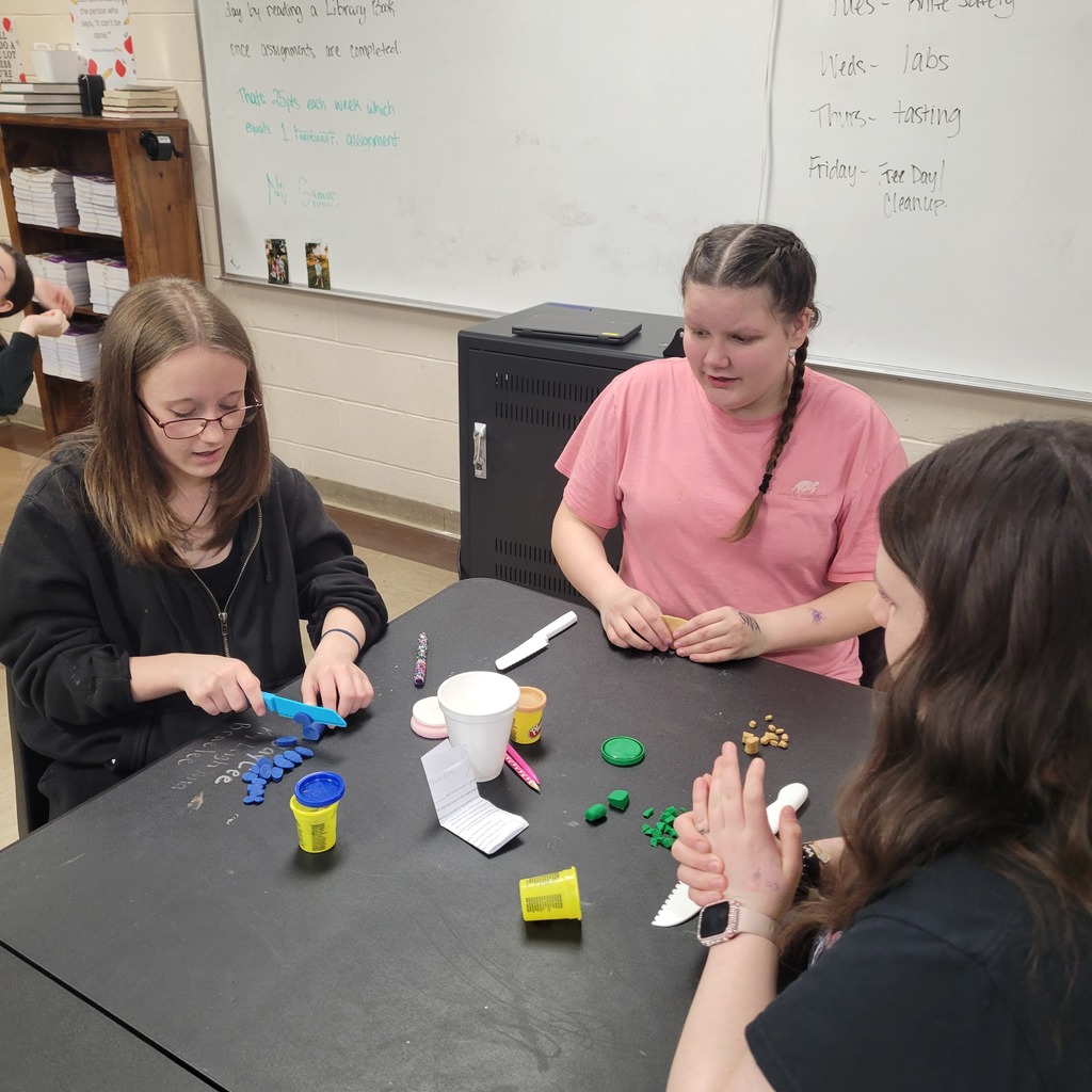 Roland Middle School students in Home Economics class practicing knife safety skills. Students are using plastic knives and Play-Doh to practice different cutting techniques while learning about proper knife handling and kitchen safety.