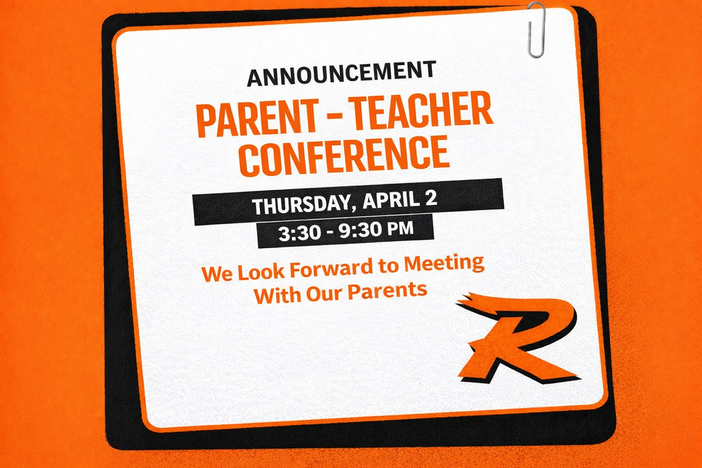 Graphic with a bright orange background and a white announcement card bordered in black and orange. The card reads “Announcement – Parent Teacher Conference.” The conference is scheduled for Thursday, April 2 from 3:30 PM to 9:30 PM. The message “We Look Forward to Meeting With Our Parents” appears near the bottom. A Roland “R” logo is displayed in the lower corner. The design uses Roland Schools colors of orange, black, and white.