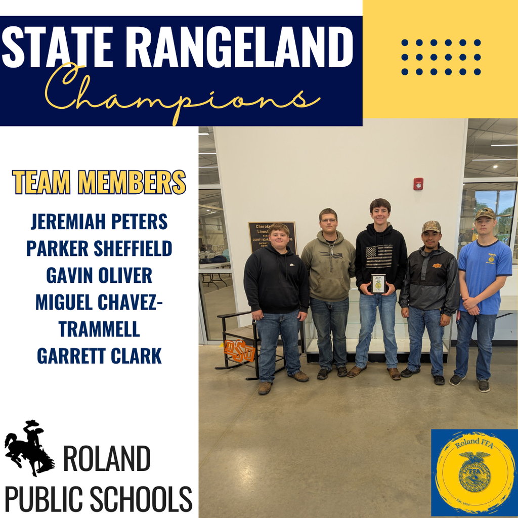 Graphic celebrating Roland Public Schools State Rangeland Champions with team members listed and a group photo of five students holding their championship plaque.