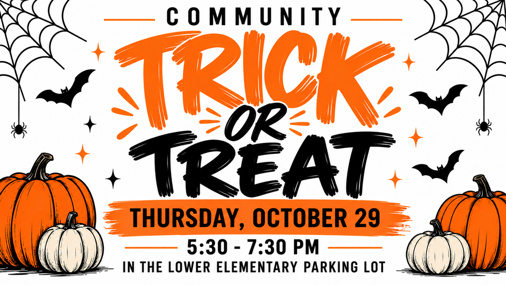 Halloween-themed graphic for Roland Public Schools' Community Trick or Treat event. The design features a white background with bold orange and black lettering, pumpkins, bats, spiderwebs, and spiders. The event will take place Thursday, October 29, 2026, from 5:30–7:30 PM in the Roland Lower Elementary parking lot.